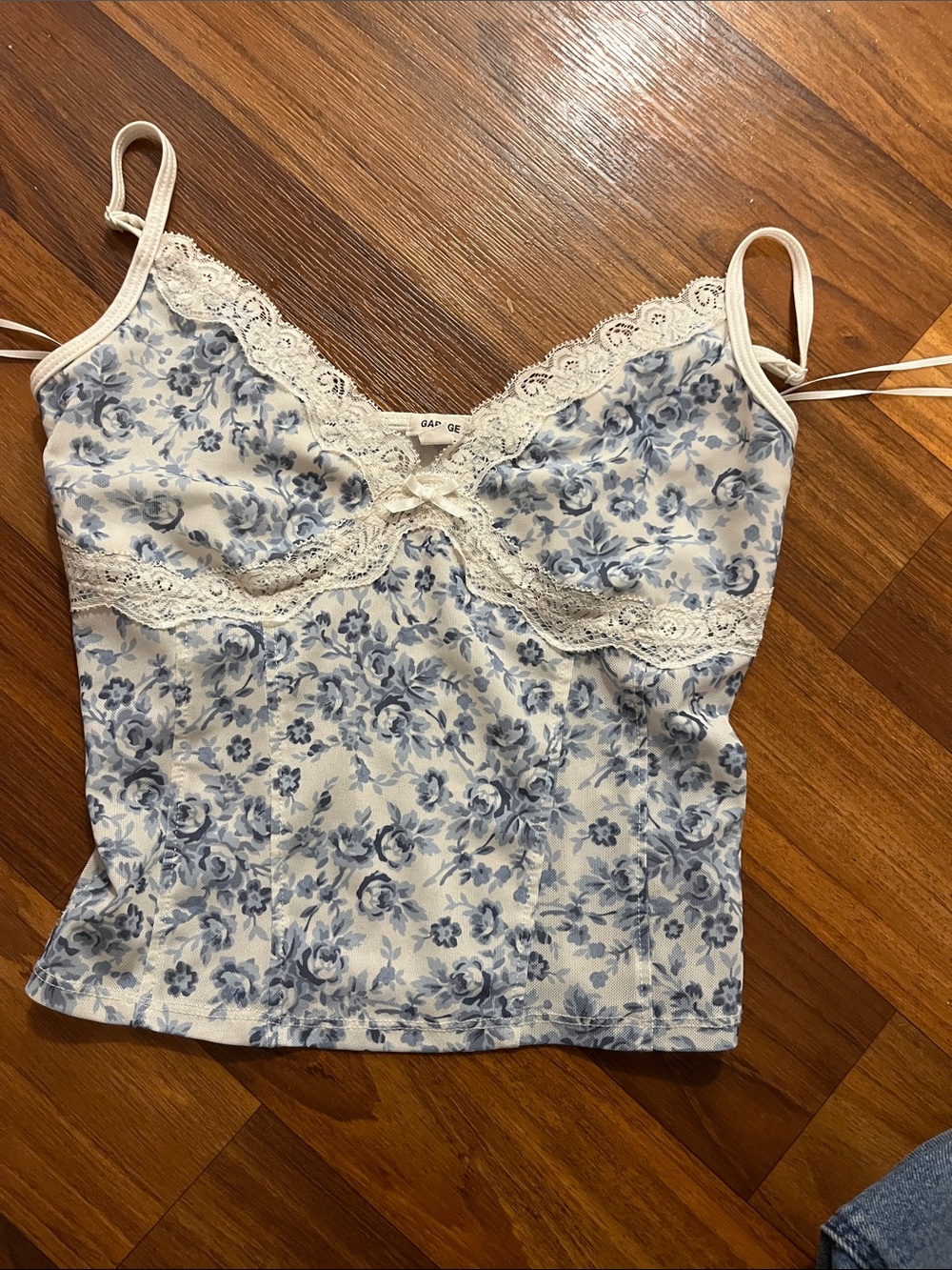 Garage Blue Floral Lace Trim Cami Tank